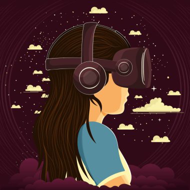 Siyah Pembe Bulutlar Üzerinde VR kulaklık takan Genç Kız Karakteri.