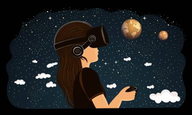 Dış Uzayda Denetleyici Kullanan VR kulaklık takan Genç Kız Karakteri.