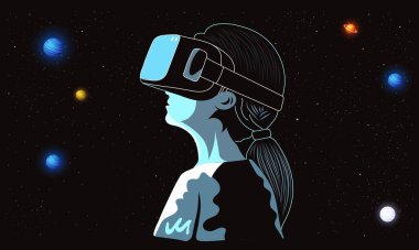 Genç Kadın Karakteri Dış Gezegen 'i Gece VR kutusundan izliyor.
