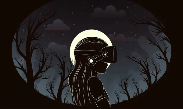 Junge Mädchenfigur Trägt Headset Auf Vollmond Sternenwald Hintergrund — Stockvektor