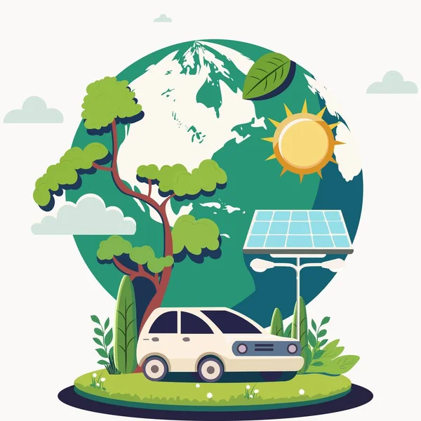 エコシステムまたは地球の日のコンセプト電気自動車 ソーラーパネルスタンド ストリートランプ 地球の球自然を背景に — ストックベクタ