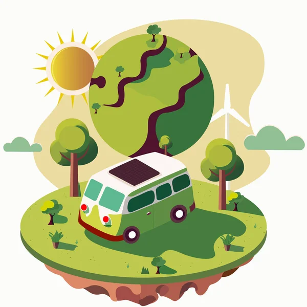 Fahrzeug Dach Sonnenkollektor Auf Natur Hintergrund Mit Erdkugel Sonne Windmühlen — Stockvektor