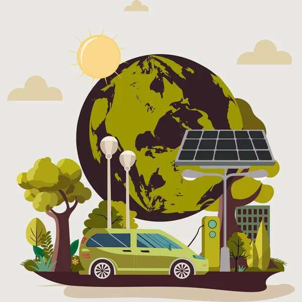 駅での電気自動車充電太陽光パネルスタンド ストリートランプ 自然背景に地球球 生態系と地球の日のコンセプト — ストックベクタ
