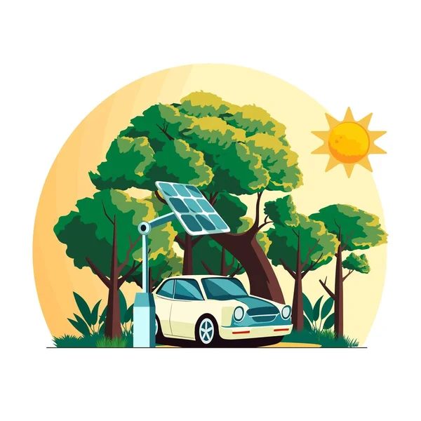 太陽光パネルスタンドと車のイラストとサニーネイチャー背景 環境に優しい生態系の概念 — ストックベクタ