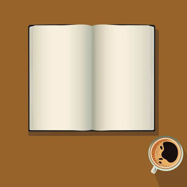 Top View Blank Open Book Tea Coffee Cup Element Brown — Stock Vector