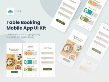 Kayıt, Gıda Menüsü, Restoran veya Otel Rezervasyon Ekranı dahil olmak üzere Tablo Rezervasyon Mobil Uygulama UI Kit.
