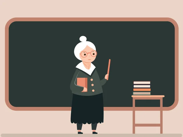 Oudere Vrouwelijke Leraar Toont Stok Met Leeg Schoolbord Boeken Kruk — Stockvector