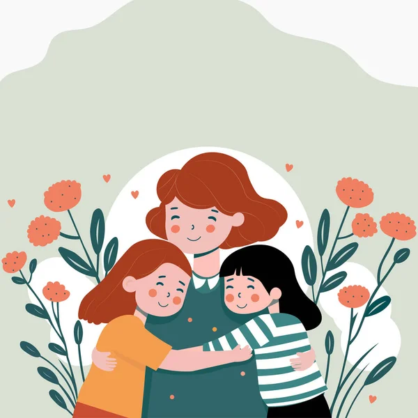 Personaje Mujer Joven Abrazando Chicas Lindas Fondo Decorado Floral Espacio — Vector de stock