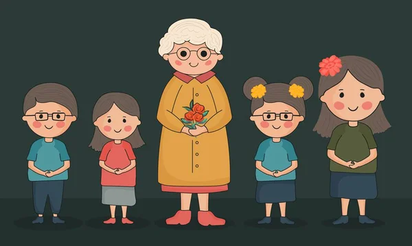 Ηλικιωμένη Γυναίκα Κρατώντας Τριαντάφυλλα Και Παιδιά Χαρακτήρα Στέκεται Μαζί Σκούρο — Διανυσματικό Αρχείο