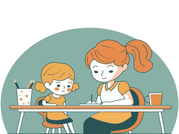 Vector Illustration Young Woman Character Teaching Girl Desk Pen Holder — 스톡 벡터