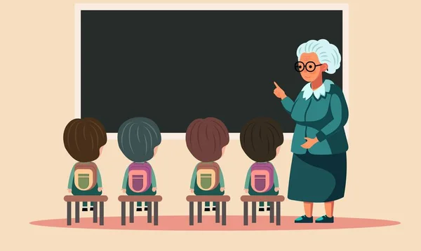 Elderly Female Teacher Character Giving Instructions Her Students Front Empty — Stock Vector