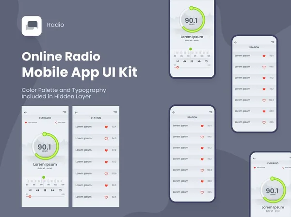 Online Radio Mobiele App Kit Inclusief Radio Station Screens Voor — Stockvector