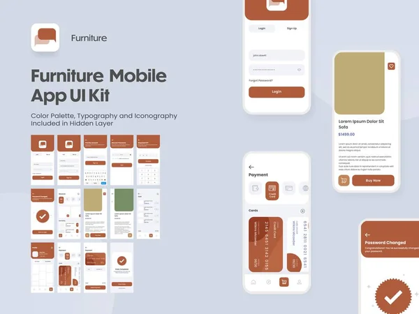 Möbel Mobile App Kit Mit Mehreren Bildschirmen Als Login Erstellen — Stockvektor