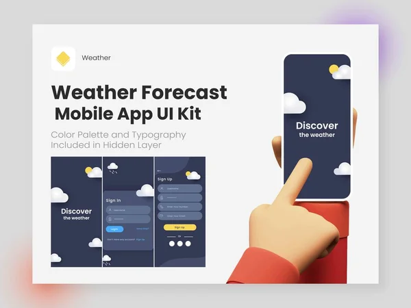 天气预报移动应用程序Ui屏幕 包括登录 注册和响应网站 — 图库矢量图片