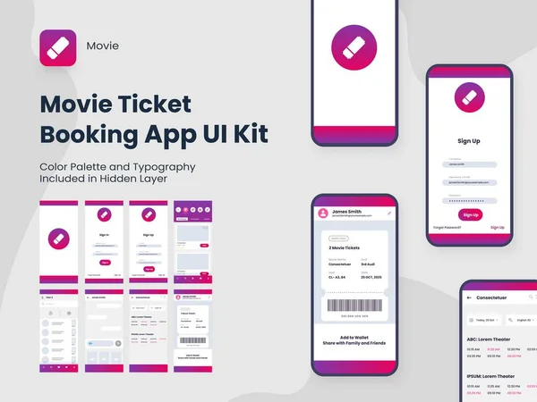 电影票预订应用程序Ui套件 包括移动应用程序的帐户登录 预订和服务类型评审屏幕 — 图库矢量图片
