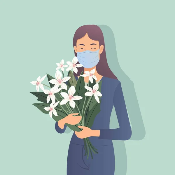 Illustration Vectorielle Masque Portant Une Femme Moderne Tenant Bouquet Fleurs — Image vectorielle