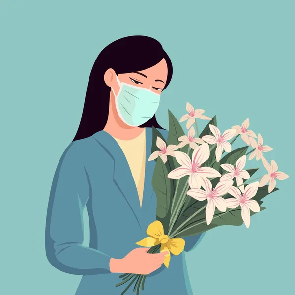 Illustration Vectorielle Masque Portant Une Femme Moderne Tenant Bouquet Fleurs — Image vectorielle