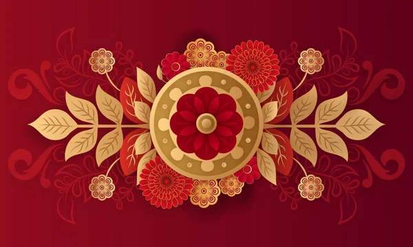 Fondo Horizontal Floral Volumétrico Rojo Dorado Diseño Tarjetas Felicitación Ilustración — Archivo Imágenes Vectoriales