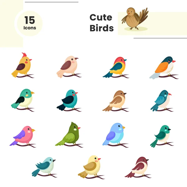 不同类型的鸟类以扁平风格坐在枝条图标上 — 图库矢量图片