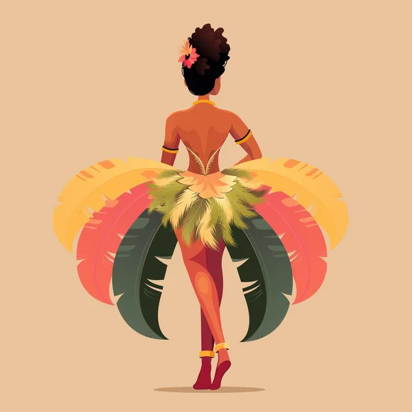 Rückansicht Der Federkleid Tragenden Brasilianischen Weiblichen Figur Stehen Auf Pfirsichfarbenem — Stockvektor
