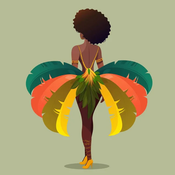 パステルグリーンの背景に立ちポーズでブラジル人女性キャラクターを身に着けている羽先のリアビュー カーニバルやサンバダンスのコンセプト — ストックベクタ