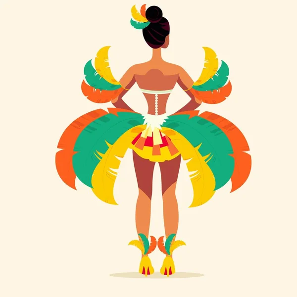 薄い黄色の背景に立ちポーズでブラジルの女性の文字を身に着けている羽の頭の後ろのビュー カーニバルやサンバダンスのコンセプト — ストックベクタ