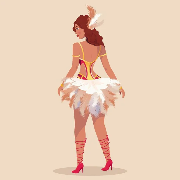 桃の背景に立ちポーズでブラジル人女性キャラクターを身に着けている羽の頭の側面図 カーニバルやサンバダンスのコンセプト — ストックベクタ