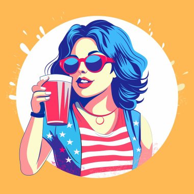 Pop Art Tarzı Amerikan Kadını Gözlük Giyiyor ve Sarı Arkaplan İçin Bardak Tutuyor.