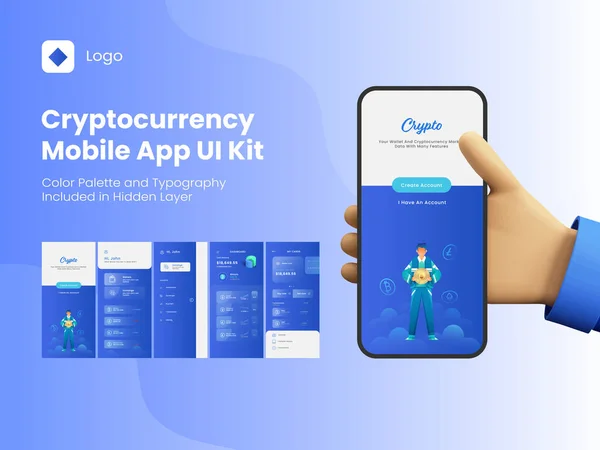 Cryptocurrency Mobile App Kit Συμπεριλαμβανομένων Login Εγγραφή Dashboard Exchange Transaction — Διανυσματικό Αρχείο
