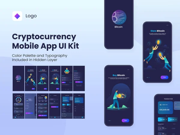 Cryptocurrency Mobile App Kit Συμπεριλαμβανομένου Του Login Εγγραφή Dashboard Exchange — Διανυσματικό Αρχείο