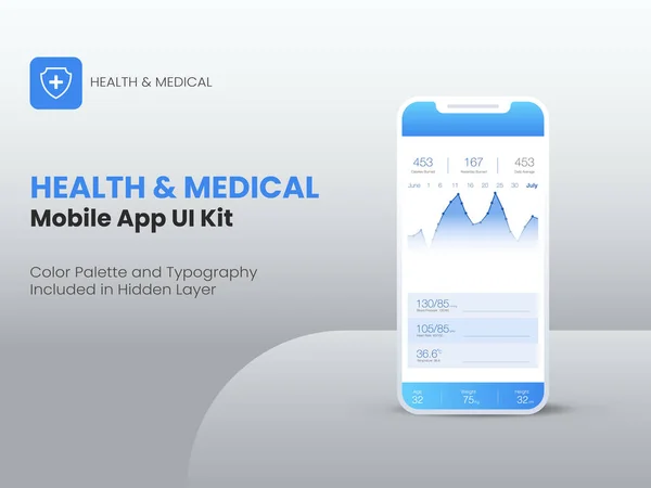 モバイルアプリケーションまたはレスポンシブWebサイト用の健康と医療用モバイルアプリUiキット — ストックベクタ
