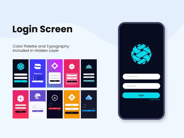 Login Screen App Kit Kolorowymi Ekranami Dla Aplikacji Mobilnych Responsywnych — Wektor stockowy