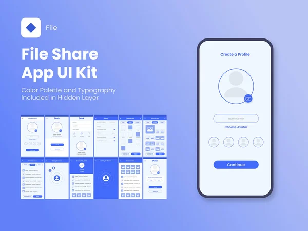 File Share App Kit Różne Szablony Ekranów Niebieskim Tle — Wektor stockowy