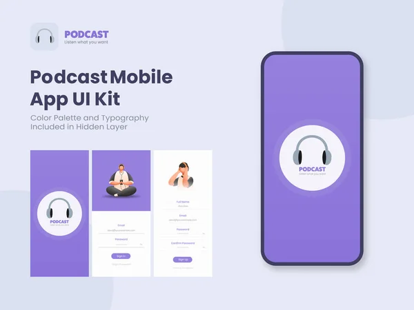 Set Gui Screens Podcast Music App Template Inclusief Inloggen Account — Stockvector