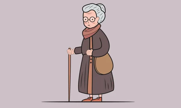 Personaje Mujer Anciana Con Bastón Para Caminar Sobre Fondo Gris — Vector de stock