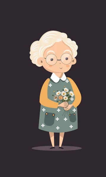 Mujer Anciana Personaje Sosteniendo Margaritas Ramo Sobre Fondo Oscuro — Vector de stock