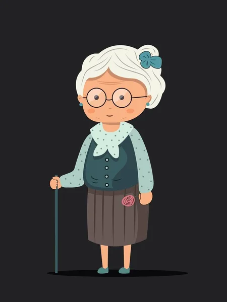 Personaje Mujer Anciana Con Bastón Para Caminar Sobre Fondo Negro — Vector de stock