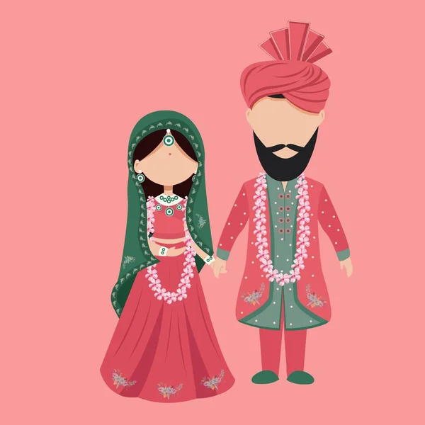 立ちポーズで伝統的な服装をした顔のないインドの結婚式のカップルのキャラクター — ストックベクタ