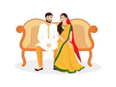 Mutlu Hint Düğün Karakteri Saree ve Sherwani 'de Kanepeye oturun Kültürlerine Göre.