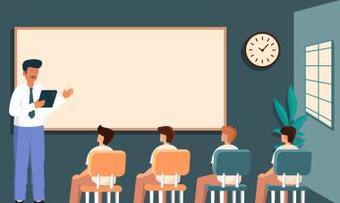 Yüksek Sınıfta Dijital Tablet 'ten Erkek Sunumu Portresi. Mutlu Öğretmenler Günü Kavramı.