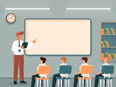 Yüksek Sınıfta Dijital Tablet 'ten Erkek Sunumu Portresi. Mutlu Öğretmenler Günü Kavramı.