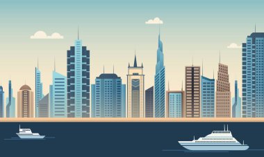 Metropolitan Bölgesi Modern Şehir Skyline Binası ve Cruse Gemisi.