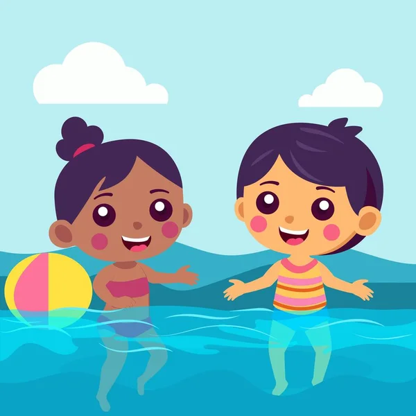 青い背景の下でビーチボールで遊ぶ漫画の子供たち — ストックベクタ