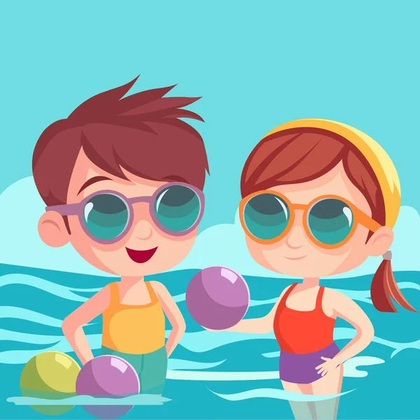 ハッピーボーイとガールキャラクターは 夏休みにプールパーティーのためにゴーグルを着用し 水でボールを遊ぶ — ストックベクタ