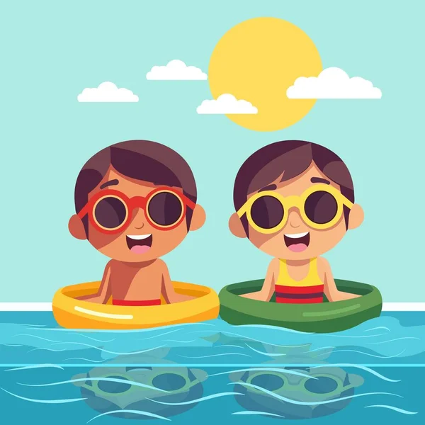 2人の男の子が夏休みにプールパーティーのために水の中でサングラスと水泳 インフレータブルリングを着用する — ストックベクタ
