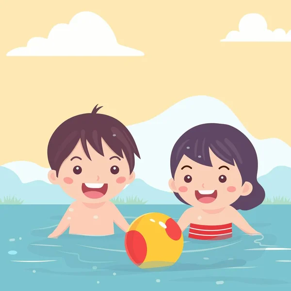 Happy Boy Girl Character Playing Ball Water Pool Party Summer — Stock Vector