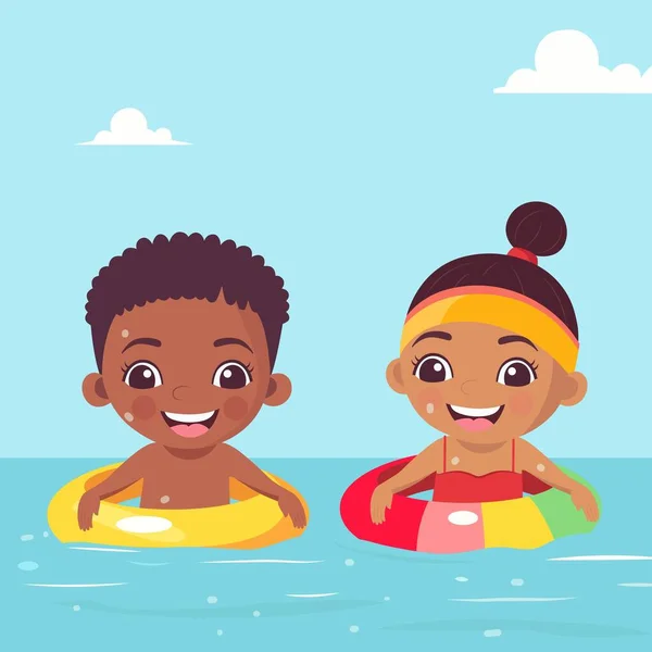夏休みにプールパーティーのために水の中のインフレータブルリングで一緒に泳ぐ2人の子供 — ストックベクタ