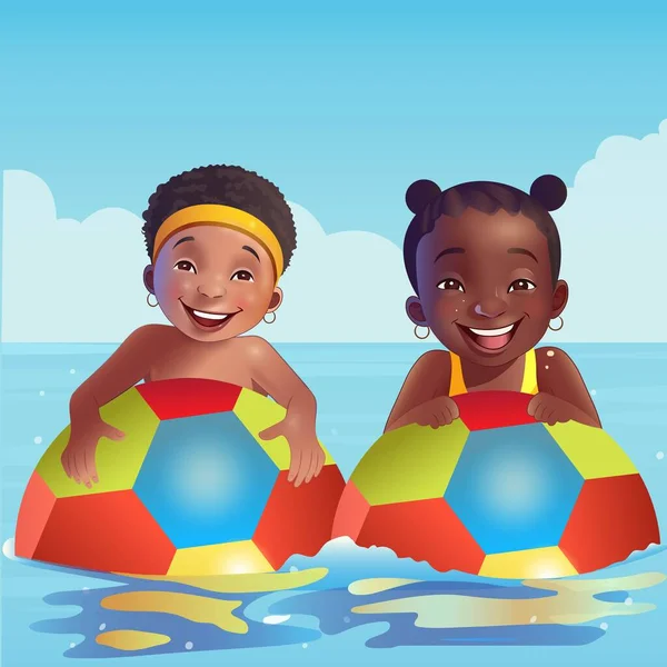 Happy African Boy Girl Character Playing Football Water Pool Party — Stock Vector