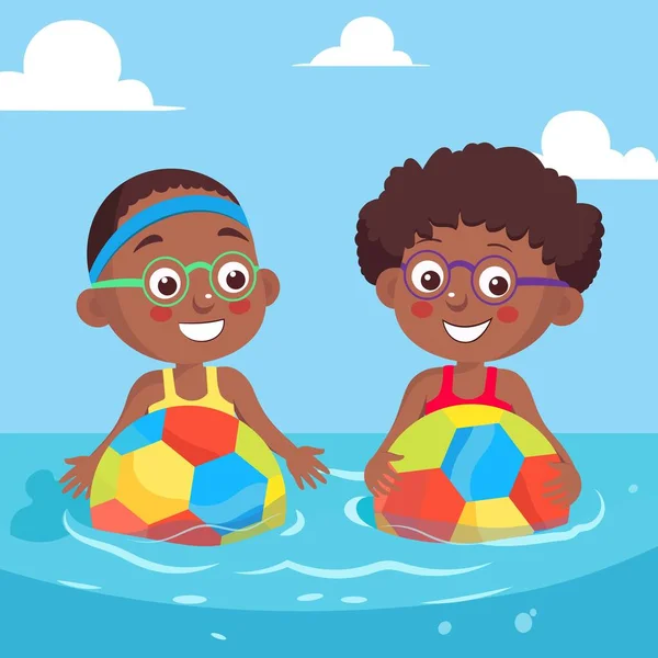 幸せな2人のアフリカの少年キャラクターは 夏休みにプールパーティーのために水でゴーグルを着用し サッカーをする — ストックベクタ