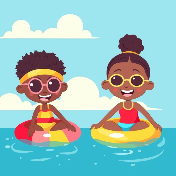 2015 Happy African Boy Girl Character Sitting Swimming Ring Water — 스톡 벡터